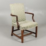 A GEORGE III STYLE MAHOGANY OPEN ARMCHAIR.
