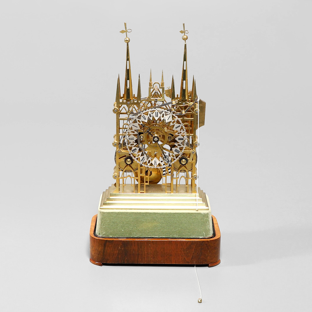 A LATE 19TH CENTURY BRASS CATHEDRAL SKELETON CLOCK. - Image 2 of 15