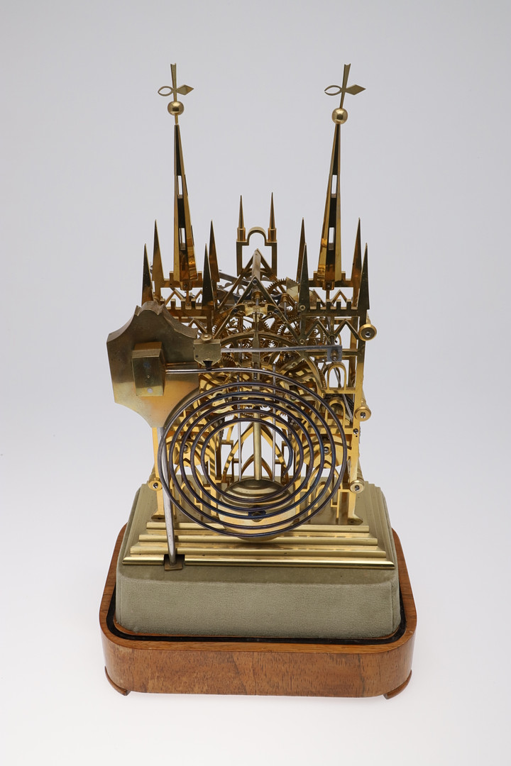 A LATE 19TH CENTURY BRASS CATHEDRAL SKELETON CLOCK. - Image 11 of 15