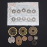 A SMALL COLLECTION OF CHINESE COINS TO INCLUDE A MOUNTED COLLECTION OF TEN COINS.