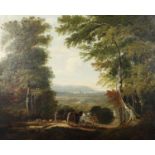 GEORGE BARRETT JUNIOR (C.1767-1842). Follower of. A MAN WITH HORSE AND CART DESCENDING INTO A VALE.