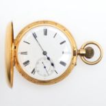 AN 18CT GOLD HALF HUNTING CASED POCKET WATCH.