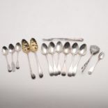 A SET OF SIX GEORGE IV IRISH FIDDLE RATTAIL DESSERT SPOONS.