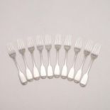 A SET OF TEN WILLIAM IV IRISH DESSERT FORKS.