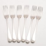 A SET OF SIX GEORGE III OLD ENGLISH DESSERT FORKS.