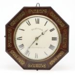 A 19TH CENTURY ROSEWOOD AND BRASS INLAID WALL CLOCK.