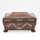 A 19TH CENTURY ROSEWOOD AND MOTHER OF PEARL WORK BOX.