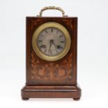 A 19TH CENTURY ROSEWOOD AND MARQUETRY INLAID MANTEL CLOCK.