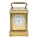 A 19TH CENTURY 'GOLIATH' GILT BRASS CARRIAGE CLOCK.