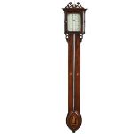 AN EARLY VICTORIAN INLAID MAHOGANY STICK BAROMETER.