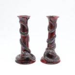 PAIR OF ROYAL DOULTON ARCHIVES FLAMBE CANDLESTICKS.