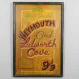 VINTAGE PAINTED ADVERTISING SIGN - WEYMOUTH , BUDLEIGH & EXMOUTH TOUR SIGN.