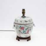 CHINESE PORCELAIN JAR/LAMP & WOODEN BASE.