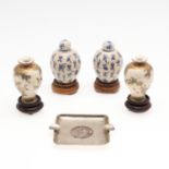 CHINESE SILVER 'NANKING' COIN DISH, CHINESE MINIATURE LIDDED BOTTLES & JAPANESE MINIATURE VASES.