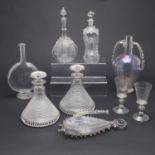 PAIR OF 19THC GLASS SHIPS DECANTERS & OTHER ANTIQUE GLASS ITEMS.