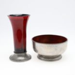 LIBERTY TUDRIC PEWTER & GLASS VASE & BOWL.