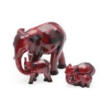 ROYAL DOULTON POTTERY 'IMAGES OF FIRE' FLAMBE FIGURE OF ELEPHANTS & ANOTHER GROUP.