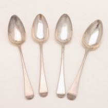 FOUR GEORGE III OLD ENGLISH TABLE SPOONS.