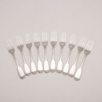 A SET OF TEN WILLIAM IV IRISH DESSERT FORKS.