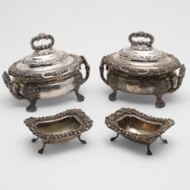 A PAIR OF 19TH CENTURY SILVER PLATED SAUCE TUREENS & COVERS.