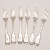 A SET OF SIX VICTORIAN FIDDLE & THREAD TABLE FORKS.