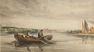 SAMUEL AUSTIN (1796-1834). His circle. FISHERMEN ON THE THAMES, ST PAUL'S IN THE DISTANCE.