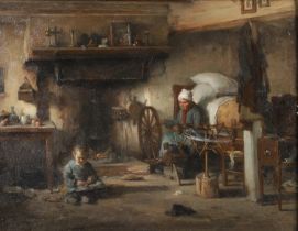 PAUL CONSTANT SOYER (1823-1903). A COTTAGE HOME WITH A CHILD PEELING VEGETABLES AND A LADY SPINNING