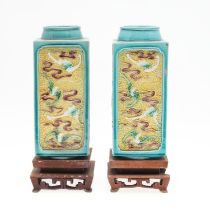 PAIR OF CHINESE TURQUOISE GLAZED VASES & STANDS.