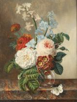 JAN VAN OS (1744-1808). In the manner of. STILL LIFE OF FLOWERS IN A GLASS BOWL, WITH A BUTTERFLY, O