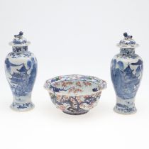 PAIR OF CHINESE LIDDED BLUE & WHITE VASES & IMARI BOWL.