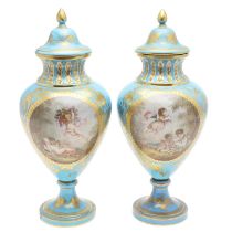 LARGE PAIR OF SEVRES STYLE LIDDED VASES.