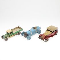 A PRESTYN TINPLATE RACING CAR AND TWO OTHER ENGLISH CLOCKWORK TOYS.