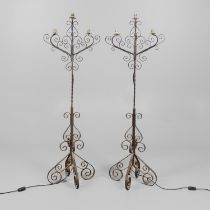 PAIR OF WROUGHT IRON FLOOR STANDING LAMPS - ARTS & CRAFTS INTEREST.