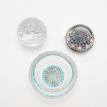 PERTHSHIRE DATED CANE PAPERWEIGHT, WATERFORD PAPERWEIGHT & GLASS MILLEFIORI DISH.