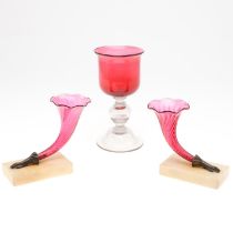 PAIR OF CRANBERRY GLASS CORNUCOPIA & VICTORIAN GLASS GOBLET WITH COIN.