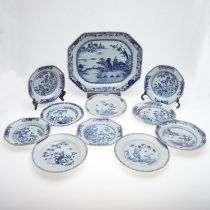 QTY OF CHINESE BLUE & WHITE PLATES & DISHES, & LARGE PLATTER.