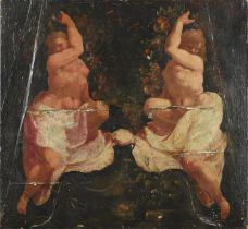 ITALIAN SCHOOL, CIRCA 1600. TWO DRAPED NUDES WITH GARLANDS OF FRUIT.