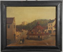 ENGLISH PROVINCIAL SCHOOL, 19TH CENTURY. DUNSTER: THE YARN MARKET, LOOKING EAST TOWARDS THE CASTLE A