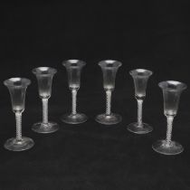 SIX ANTIQUE AIR TWIST CORDIAL GLASSES.