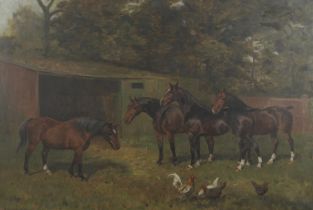 ALFRED GRENFELL HAIGH (1870-1963). A BAY MARE WITH THREE FOALS AND POULTRY IN A FARMYARD. (d)