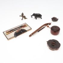 JAPANESE TORTOISESHELL & LACQUER HAIR IMPLEMENTS, BRONZE TSUBA & OTHER ITEMS.