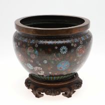 JAPANESE CLOISONNE JARDINIERE & WOODEN STAND.