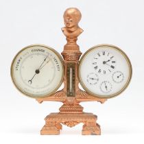 A 19TH CENTURY PAINTED CAST IRON AND BRASS CLOCK/BAROMETER.