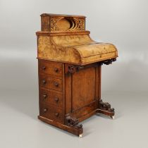 A VICTORIAN BURR WALNUT PIANO TOP DAVENPORT.