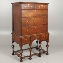 AN EARLY 18TH CENTURY OAK CHEST ON STAND.