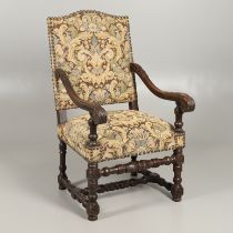 A VICTORIAN CARVED OAK THRONE CHAIR.