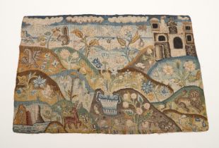 A 17TH CENTURY NEEDLEWORK PICTORIAL PANEL.