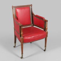 AN EARLY 19TH CENTURY MAHOGANY LIBRARY CHAIR.