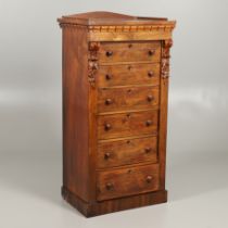 A VICTORIAN ROSEWOOD WELLINGTON STYLE CHEST.