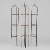 THREE 19TH CENTURY WROUGHT IRON PLANT OBELISKS.